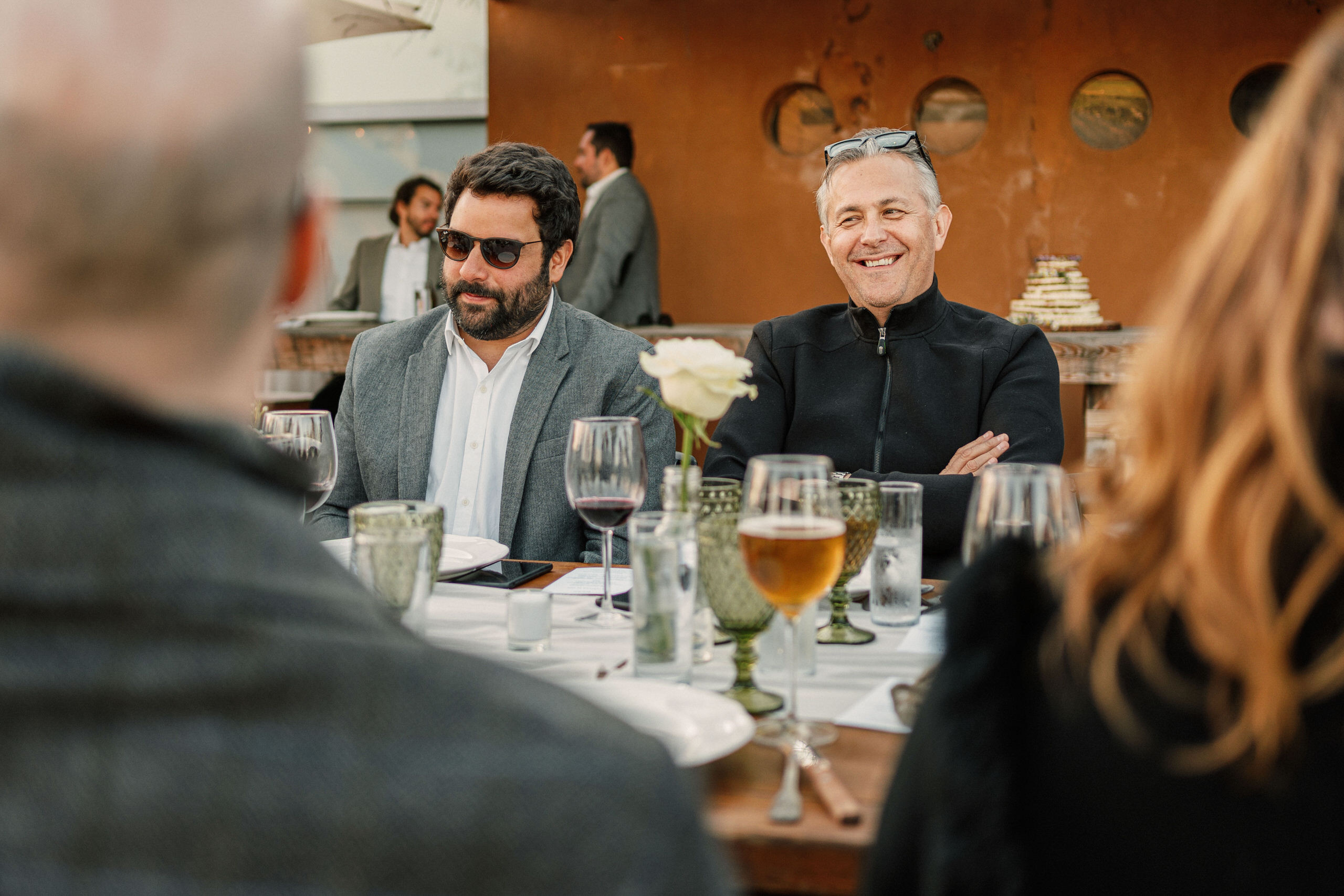 Chef Guillermo González Beristáin of Pangea (San Pedro Garza García) laughing at Denise and Alfredo's wedding reception at Conchas de Piedra