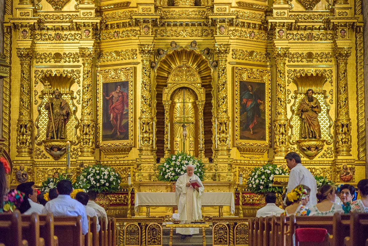 Santo Domingo de Guzmán — colonial church and former monastery complex in central Oaxaca de Juárez | interior gold-leaf altarpieces are one of the most ornate religious spaces in Mexico | couples search 'santo domingo oaxaca' when planning a ceremony at the church or photographing the facade